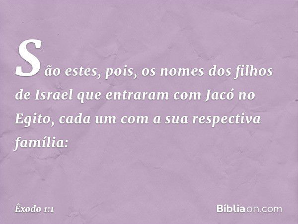 São estes, pois, os nomes dos filhos de Israel que entraram com Jacó no Egito, cada um com a sua respectiva família: -- Êxodo 1:1