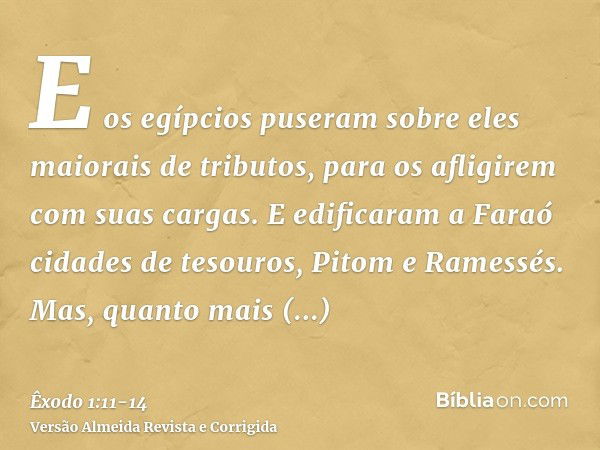 E os egípcios puseram sobre eles maiorais de tributos, para os afligirem com suas cargas. E edificaram a Faraó cidades de tesouros, Pitom e Ramessés.Mas, quanto