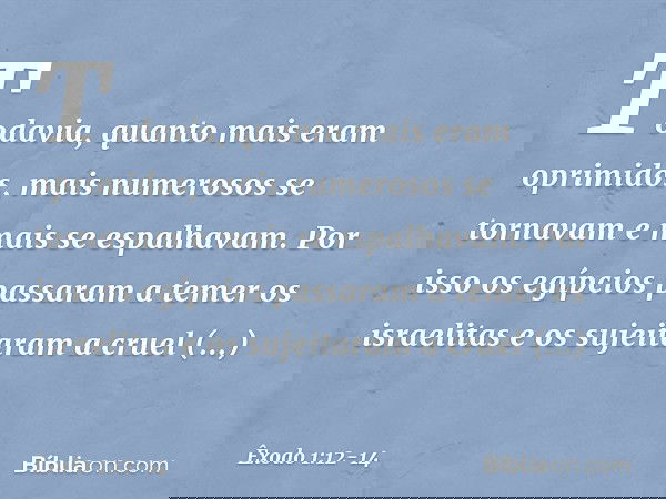 Todavia, quanto mais eram oprimidos, mais numerosos se tornavam e mais se espalhavam. Por isso os egípcios passaram a temer os israelitas e os sujeitaram a cru