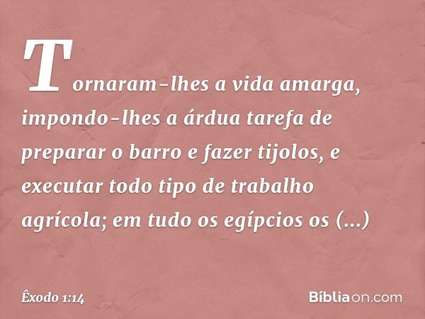 Tornaram-lhes a vida amarga, impondo-lhes a árdua tarefa de preparar o barro e fazer tijolos, e executar todo tipo de trabalho agrícola; em tudo os egíp­cios os