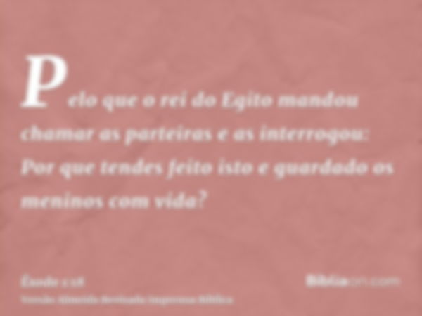 Pelo que o rei do Egito mandou chamar as parteiras e as interrogou: Por que tendes feito isto e guardado os meninos com vida?