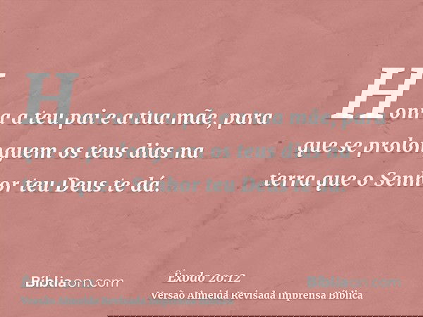 Honra a teu pai e a tua mãe, para que se prolonguem os teus dias na terra que o Senhor teu Deus te dá.