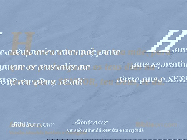 Honra a teu pai e a tua mãe, para que se prolonguem os teus dias na terra que o SENHOR, teu Deus, te dá.