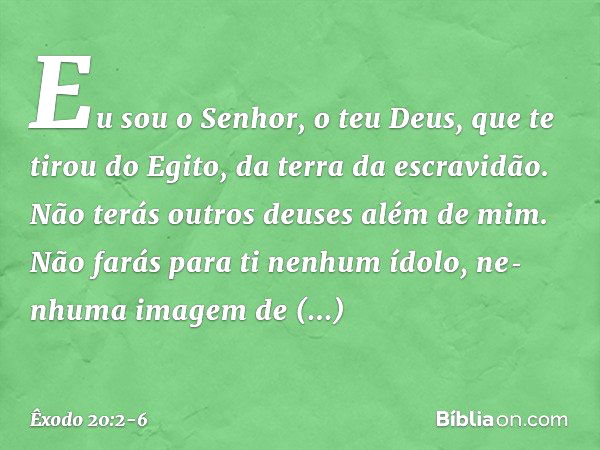 "Eu sou o Senhor, o teu Deus, que te tirou do Egito, da terra da escravidão. "Não terás outros deuses além de mim. "Não farás para ti nenhum ídolo, ne­nhuma ima