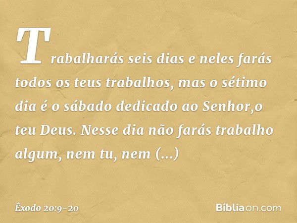 Trabalharás seis dias e neles farás todos os teus trabalhos, mas o sétimo dia é o sábado dedicado ao Senhor,o teu Deus. Nesse dia não farás trabalho algum, nem 