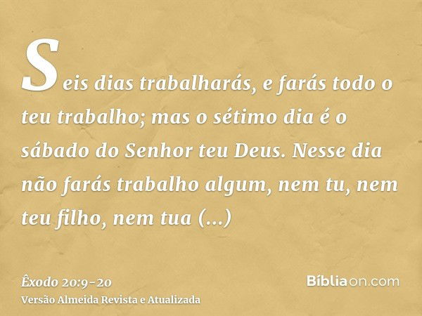 Seis dias trabalharás, e farás todo o teu trabalho;mas o sétimo dia é o sábado do Senhor teu Deus. Nesse dia não farás trabalho algum, nem tu, nem teu filho, ne