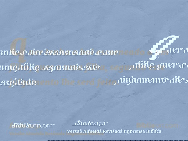 quer tenha o boi escorneado a um filho, quer a uma filha, segundo este julgamento lhe será feito.