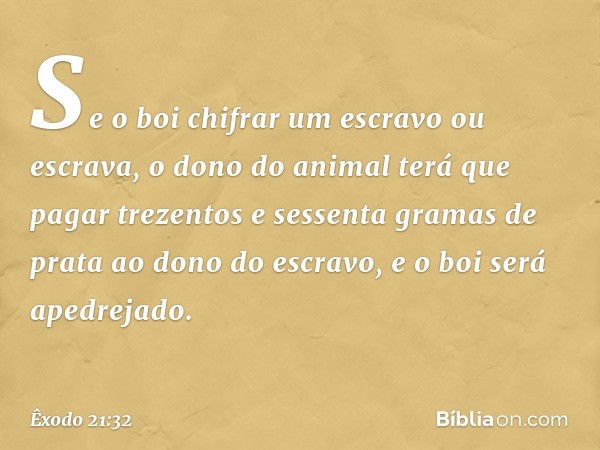 Se o boi chifrar um escravo ou escrava, o dono do animal terá que pagar tre­zentos e sessenta gramas de prata ao dono do escravo, e o boi será apedrejado. -- Êx