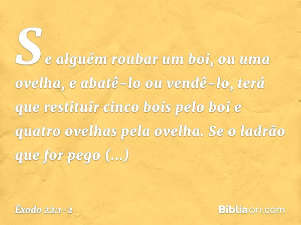 "Se alguém roubar um boi, ou uma ovelha, e abatê-lo ou vendê-lo, terá que restituir cinco bois pelo boi e quatro ovelhas pela ove­lha. "Se o ladrão que for pego