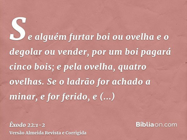 Se alguém furtar boi ou ovelha e o degolar ou vender, por um boi pagará cinco bois; e pela ovelha, quatro ovelhas.Se o ladrão for achado a minar, e for ferido, 