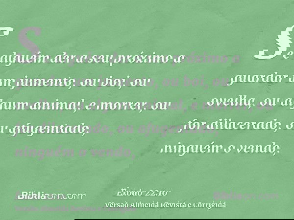 Se alguém der a seu próximo a guardar um jumento, ou boi, ou ovelha, ou algum animal, e morrer, ou for dilacerado, ou afugentado, ninguém o vendo,
