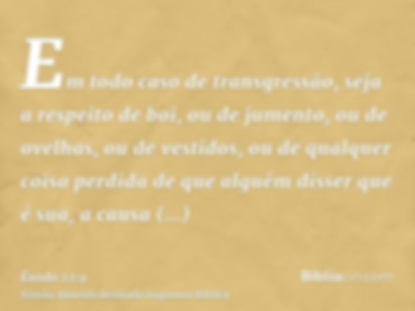 Em todo caso de transgressão, seja a respeito de boi, ou de jumento, ou de ovelhas, ou de vestidos, ou de qualquer coisa perdida de que alguém disser que é sua,