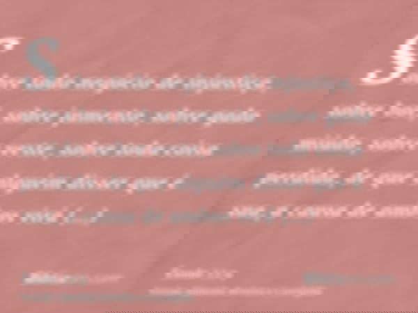 Sobre todo negócio de injustiça, sobre boi, sobre jumento, sobre gado miúdo, sobre veste, sobre toda coisa perdida, de que alguém disser que é sua, a causa de a