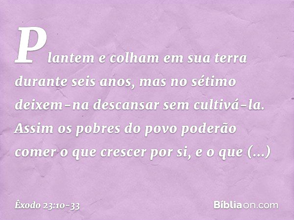 "Plantem e colham em sua terra duran­te seis anos, mas no sétimo deixem-na descan­sar sem cultivá-la. Assim os pobres do povo poderão comer o que crescer por si