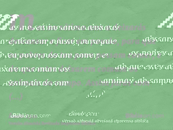 mas no sétimo ano a deixarás descansar e ficar em pousio, para que os pobres do teu povo possam comer, e do que estes deixarem comam os animais do campo. Assim