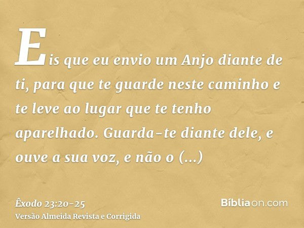 Eis que eu envio um Anjo diante de ti, para que te guarde neste caminho e te leve ao lugar que te tenho aparelhado.Guarda-te diante dele, e ouve a sua voz, e nã