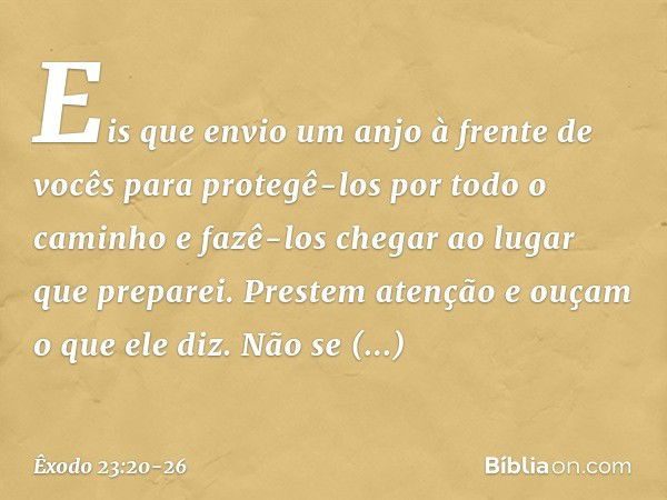 "Eis que envio um anjo à frente de vocês para protegê-los por todo o caminho e fazê-los chegar ao lugar que preparei. Prestem atenção e ouçam o que ele diz. Não