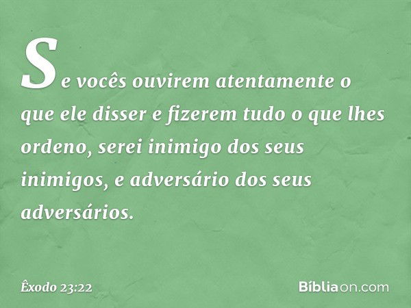 Se vocês ouvirem atentamente o que ele disser e fizerem tudo o que lhes ordeno, serei inimigo dos seus inimigos, e adversário dos seus adversários. -- Êxodo 23: