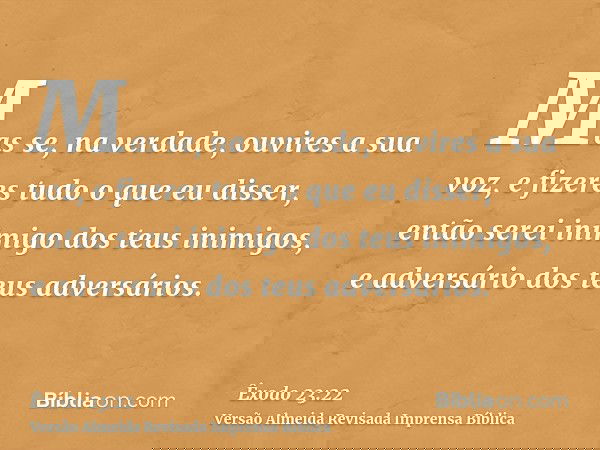 Mas se, na verdade, ouvires a sua voz, e fizeres tudo o que eu disser, então serei inimigo dos teus inimigos, e adversário dos teus adversários.