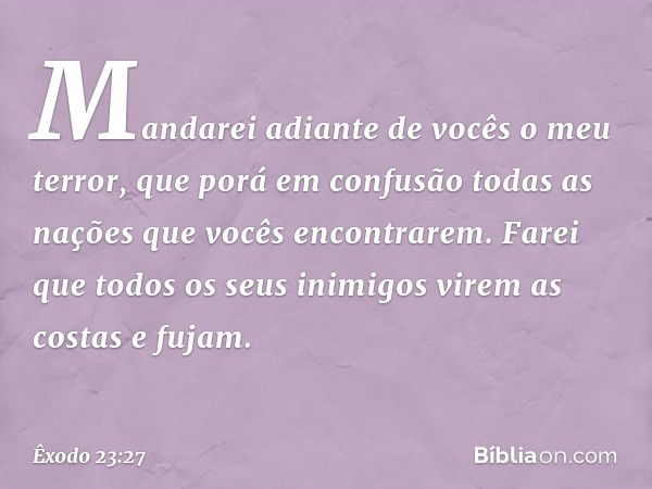 "Mandarei adiante de vocês o meu terror, que porá em confusão todas as nações que vocês encontrarem. Farei que todos os seus inimigos virem as costas e fujam. -