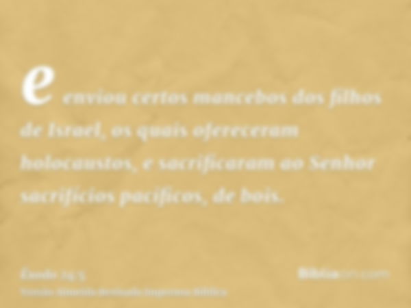 e enviou certos mancebos dos filhos de Israel, os quais ofereceram holocaustos, e sacrificaram ao Senhor sacrifícios pacíficos, de bois.