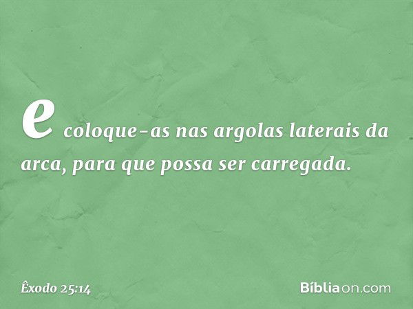 e coloque-as nas argolas laterais da arca, para que possa ser carregada. -- Êxodo 25:14