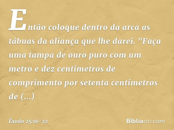 Então coloque dentro da arca as tábuas da aliança que lhe darei. "Faça uma tampa de ouro puro com um metro e dez centímetros de comprimento por setenta centímet