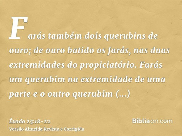 Farás também dois querubins de ouro; de ouro batido os farás, nas duas extremidades do propiciatório.Farás um querubim na extremidade de uma parte e o outro que