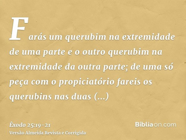 Farás um querubim na extremidade de uma parte e o outro querubim na extremidade da outra parte; de uma só peça com o propiciatório fareis os querubins nas duas 