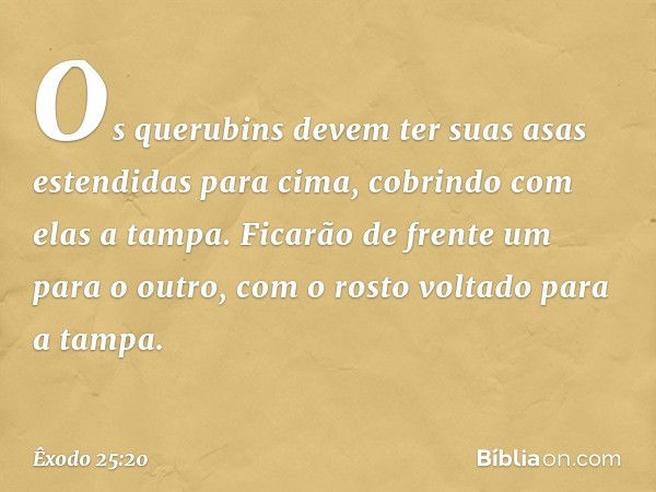 Os querubins devem ter suas asas estendidas para cima, cobrindo com elas a tampa. Ficarão de frente um para o outro, com o rosto voltado para a tampa. -- Êxodo 