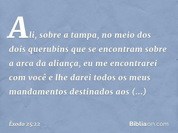 Ali, sobre a tampa, no meio dos dois querubins que se encontram sobre a arca da aliança, eu me encontrarei com você e lhe darei todos os meus mandamentos destin