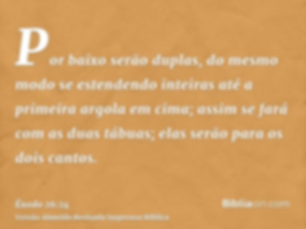 Por baixo serão duplas, do mesmo modo se estendendo inteiras até a primeira argola em cima; assim se fará com as duas tábuas; elas serão para os dois cantos.