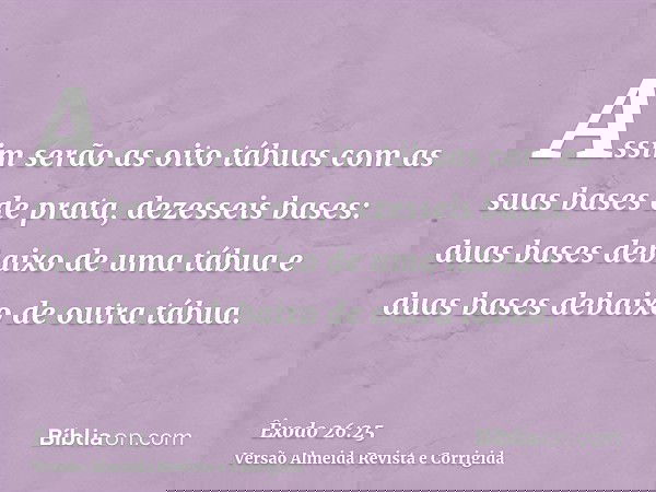 Assim serão as oito tábuas com as suas bases de prata, dezesseis bases: duas bases debaixo de uma tábua e duas bases debaixo de outra tábua.