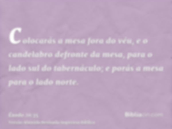 colocarás a mesa fora do véu, e o candelabro defronte da mesa, para o lado sul do tabernáculo; e porás a mesa para o lado norte.