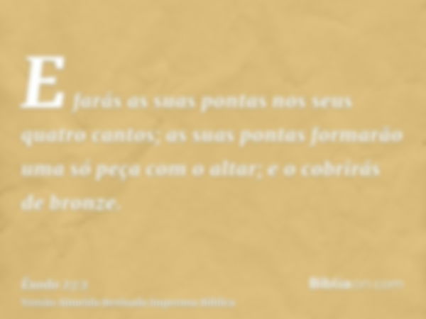 E farás as suas pontas nos seus quatro cantos; as suas pontas formarão uma só peça com o altar; e o cobrirás de bronze.