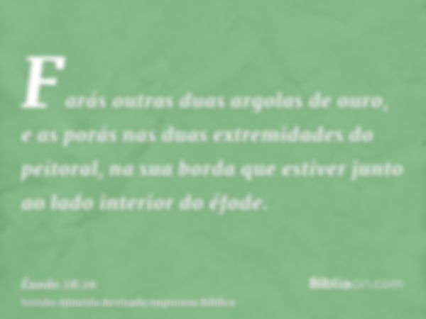 Farás outras duas argolas de ouro, e as porás nas duas extremidades do peitoral, na sua borda que estiver junto ao lado interior do éfode.