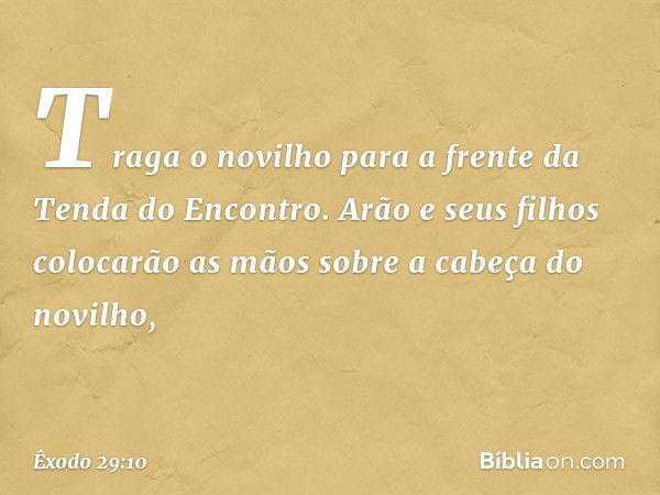 "Traga o novilho para a frente da Ten­da do Encontro. Arão e seus filhos colocarão as mãos sobre a cabeça do novilho, -- Êxodo 29:10