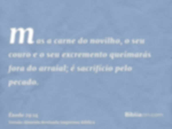 mas a carne do novilho, o seu couro e o seu excremento queimarás fora do arraial; é sacrifício pelo pecado.