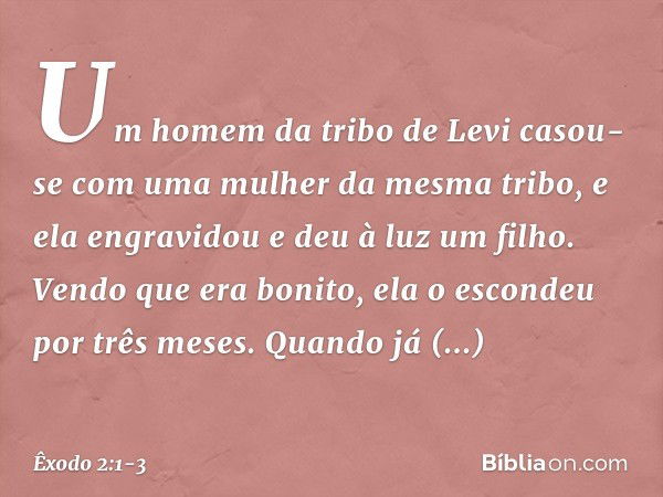 Um homem da tribo de Levi casou-se com uma mulher da mesma tribo, e ela engra­vidou e deu à luz um filho. Vendo que era boni­to, ela o escondeu por três meses. 