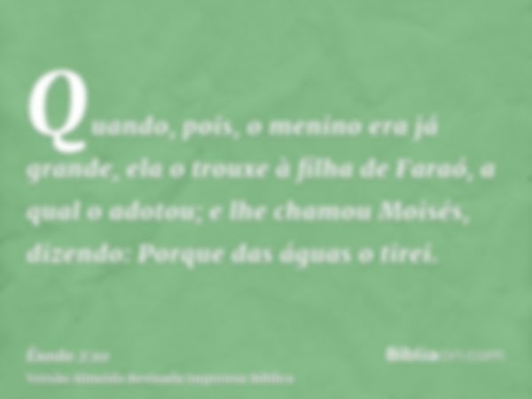 Quando, pois, o menino era já grande, ela o trouxe à filha de Faraó, a qual o adotou; e lhe chamou Moisés, dizendo: Porque das águas o tirei.