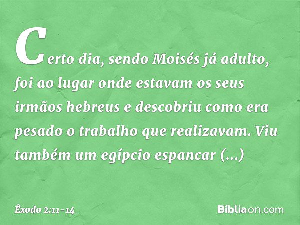 Certo dia, sendo Moisés já adulto, foi ao lugar onde estavam os seus irmãos hebreus e descobriu como era pesado o trabalho que realizavam. Viu também um egípcio