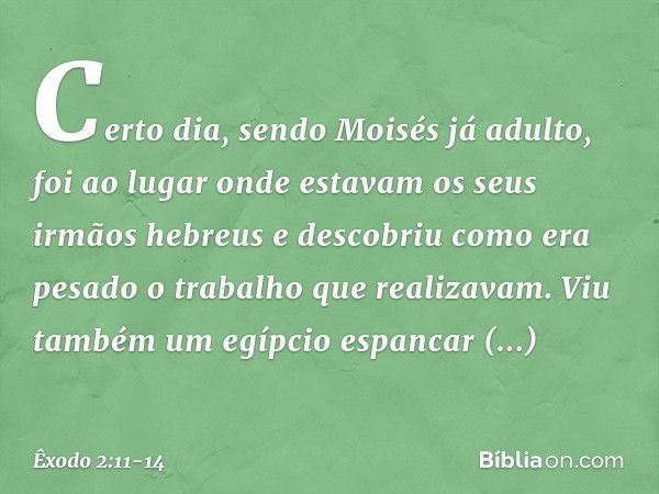 Certo dia, sendo Moisés já adulto, foi ao lugar onde estavam os seus irmãos hebreus e descobriu como era pesado o trabalho que realizavam. Viu também um egípcio