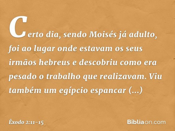 Certo dia, sendo Moisés já adulto, foi ao lugar onde estavam os seus irmãos hebreus e descobriu como era pesado o trabalho que realizavam. Viu também um egípcio