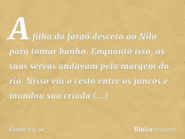 A filha do faraó descera ao Nilo para tomar banho. Enquanto isso, as suas servas an­davam pela margem do rio. Nisso viu o cesto entre os juncos e mandou sua cri