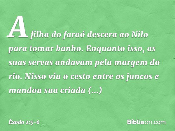 A filha do faraó descera ao Nilo para tomar banho. Enquanto isso, as suas servas an­davam pela margem do rio. Nisso viu o cesto entre os juncos e mandou sua cri