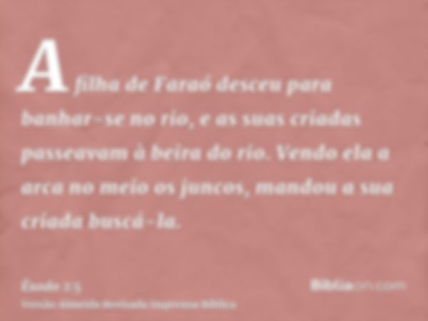 A filha de Faraó desceu para banhar-se no rio, e as suas criadas passeavam à beira do rio. Vendo ela a arca no meio os juncos, mandou a sua criada buscá-la.