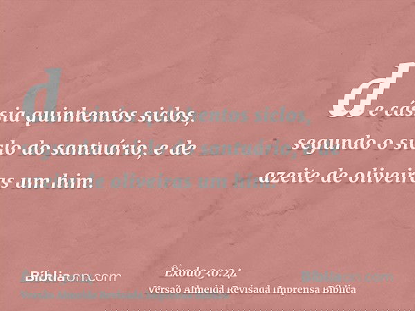 de cássia quinhentos siclos, segundo o siclo do santuário, e de azeite de oliveiras um him.