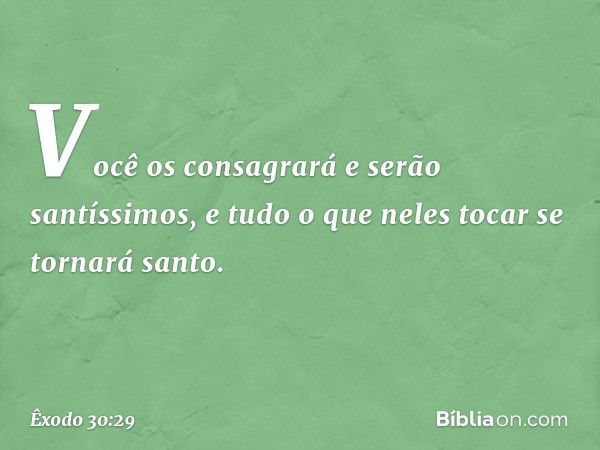 Vo­cê os consagrará e serão santíssimos, e tudo o que neles tocar se tornará santo. -- Êxodo 30:29