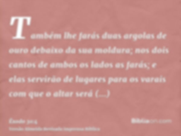 Também lhe farás duas argolas de ouro debaixo da sua moldura; nos dois cantos de ambos os lados as farás; e elas servirão de lugares para os varais com que o al