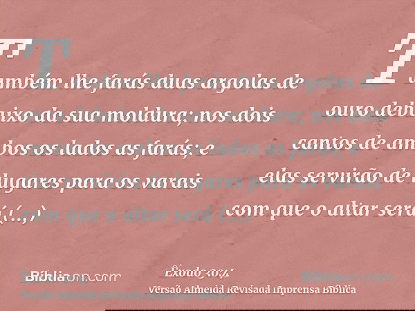 Também lhe farás duas argolas de ouro debaixo da sua moldura; nos dois cantos de ambos os lados as farás; e elas servirão de lugares para os varais com que o al